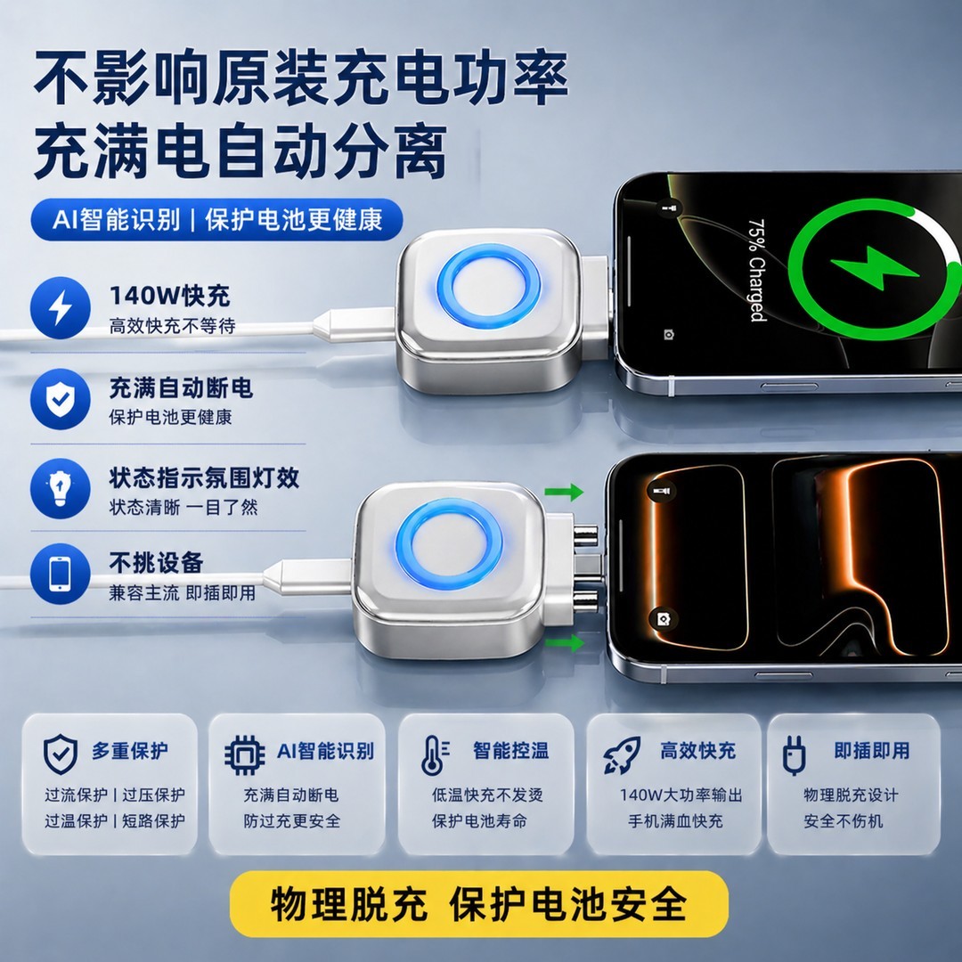 手机充电器智能满电分离器跨境爆款AI识别自动拔出适用苹果华为