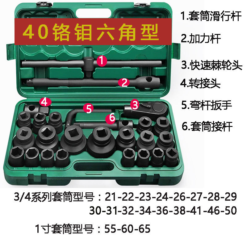 重型套筒26件套套筒扳手3/4套装1寸风炮六角梅花套头大型汽修组合