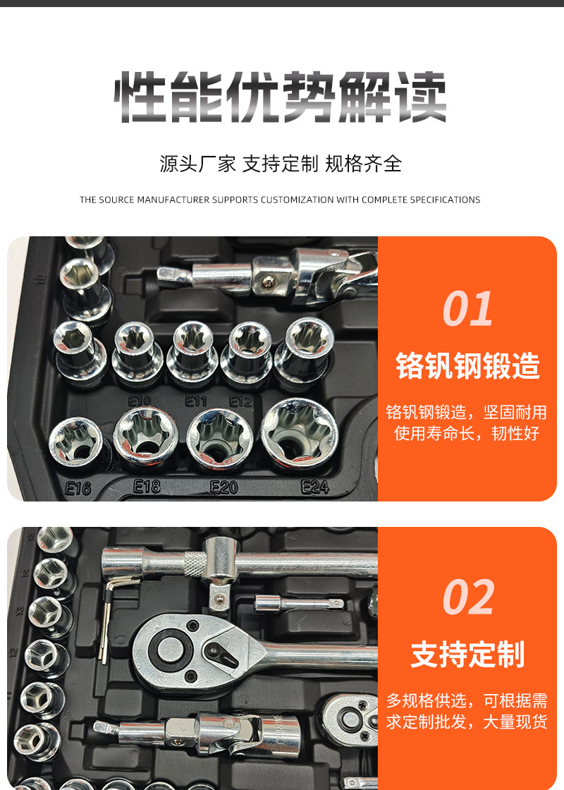 现货108件汽修套装工具72齿大飞小飞棘轮扳手古铜色批头五金工具